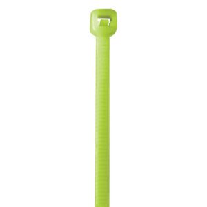 One fluorescent green MH-USA 14 cable tie has a ridged texture, vertical design, square locking head at the top, and a tapered end at the bottom. Its capable of holding up to 50 lbs.
