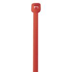 Close-up of a MH-USA 14 Fluorescent Red Cable Tie upright on a white background, showing its rectangular locking head and textured tail. The robust design supports up to 50 lbs.