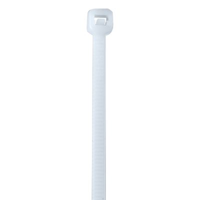 CT1850.jpg A close-up of a MH-USA 18 50 Lbs Cable Tie (natural, 500/case) against a plain background showcases its rectangular locking head and textured band, perfect for securing or bundling items.