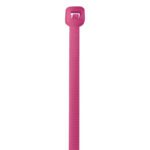 The MH-USA 18 50 Lbs fluorescent pink cable tie features a ridged strap and square locking head, with its elongated form highlighted vertically in the image. Available as MH-USA 18 50 Lbs Fluorescent Pink Cable Ties (500/Case).
