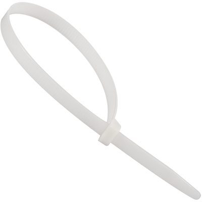 CT21175.jpg Set against a plain backdrop, the MH-USA 21 175 Lbs Jumbo Cable Ties - Natural (100/Case) display a white tie with a pointed tip, partially looped and fastened.
