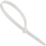 The MH-USA 25 175 Lbs Jumbo Cable Ties - Natural (100/Case) is a white plastic zip tie with its tapered end threaded through a locking mechanism.