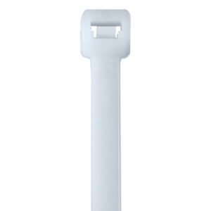 The MH-USA 28 120 Lbs Cable Ties - Natural (100/Case) are shown in close-up, highlighting their white color and rectangular locking head. The textured band provides a secure hold, and the plain white background emphasizes the ties simple, robust design.