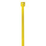 Close-up of MH-USA 4 18 Lbs Yellow Cable Ties (1000/Case) on a white background, highlighting the locking mechanism and ridged length for securing items.