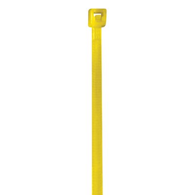 CT422C.jpg Close-up of MH-USA 4 18 Lbs Yellow Cable Ties (1000/Case) on a white background, highlighting the locking mechanism and ridged length for securing items.