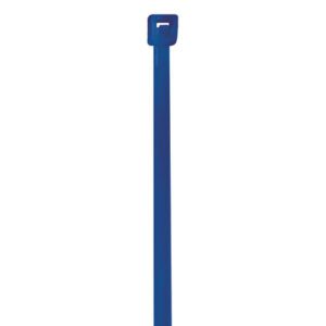 The MH-USA 4 18 Lbs Blue Cable Ties (1000/Case) stand vertically against a white background, showcasing their reliable locking mechanism at the top.
