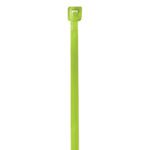 One MH-USA 4 18 Lbs fluorescent green cable tie with a rectangular locking head is placed vertically on a plain white background.
