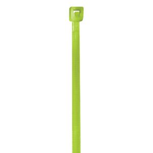 One MH-USA 4 18 Lbs fluorescent green cable tie with a rectangular locking head is placed vertically on a plain white background.