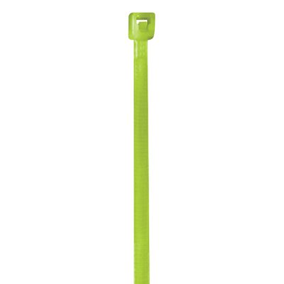 CT422G.jpg One MH-USA 4 18 Lbs fluorescent green cable tie with a rectangular locking head is placed vertically on a plain white background.
