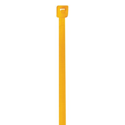 CT422H.jpg A fluorescent orange MH-USA 4 18 Lbs cable tie is displayed vertically on a white background, showing the locking mechanism at the top.