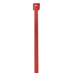 An MH-USA 4 18 Lbs fluorescent red cable tie from a pack of 1000 is shown vertically against a white background, featuring its locking head at the top.