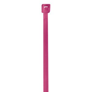 An MH-USA 4 18 Lbs Fluorescent Pink Cable Tie from a case of 1000 is shown vertically against a white background, highlighting its rectangular locking head at the top.