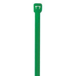 The MH-USA 5 1/2 40 lbs green cable ties, with a rectangular locking head and downward tail, are available in cases of 1000, offering sturdy and reliable fastening for various applications.