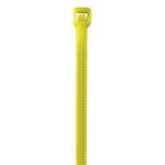 The MH-USA 5 1/2 40 Lbs Fluorescent Yellow Cable Ties (1000/Case) include a locking mechanism for secure bundling and a ridged surface for tight fastening against a plain white backdrop.