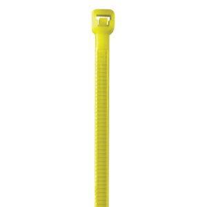 The MH-USA 5 1/2 40 Lbs Fluorescent Yellow Cable Ties (1000/Case) include a locking mechanism for secure bundling and a ridged surface for tight fastening against a plain white backdrop.