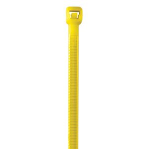 The MH-USA 8 40 Lbs Yellow Cable Ties, sold in cases of 1000, are ideal for cable management with their looped top and ridged surface for better grip, offering strength and efficiency.