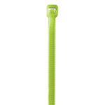 A close-up of a fluorescent green MH-USA 8 40 Lbs cable tie, with a ribbed body and locking head, ideal for securing cables or bundling items. White background.