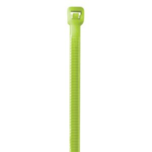 A close-up of a fluorescent green MH-USA 8 40 Lbs cable tie, with a ribbed body and locking head, ideal for securing cables or bundling items. White background.