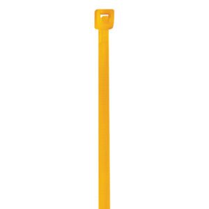 Close-up of MH-USA 8 40 lbs fluorescent orange cable tie with square lock, shown vertically against a white background, available in cases of 1000.