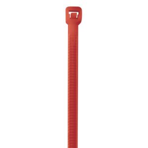 The MH-USA 8 40 lbs Fluorescent Red Cable Ties (1000/Case) have a rectangular head with a locking mechanism and ribbed surface for secure fastening, ideal for organizing tasks.