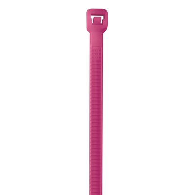 CT444L.jpg The MH-USA 8 40 Lbs Fluorescent Pink Cable Tie, sold in cases of 1000, features a rectangular locking head and textured strap on a white background.