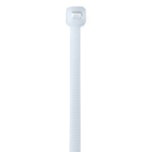 The MH-USA 5 1/2 50 Lbs Cable Ties - Natural offer a secure grip with their ridged, white plastic design and rectangular lock. Available in cases of 1000 for efficient use, they are displayed vertically against a plain white background.