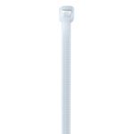 An MH-USA 8 40 Lbs cable tie with a rectangular locking head and ridged strap stands vertically against a plain white background, emphasizing the durability and versatility of the natural-colored ties available in cases of 1000.