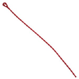 The MH-USA 8 Beaded Security Tie in red, featuring a loop handle and serrated edges, is an ideal flexible tool for unclogging drains.