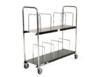 The Vestil Portable Carton Cart Two Tier 18 X 56 is a stylish utility cart with chrome and black finishes, metal dividers, dual handles, and wheels. It measures 18 x 56 inches and is perfect for organizing and transporting items effortlessly.