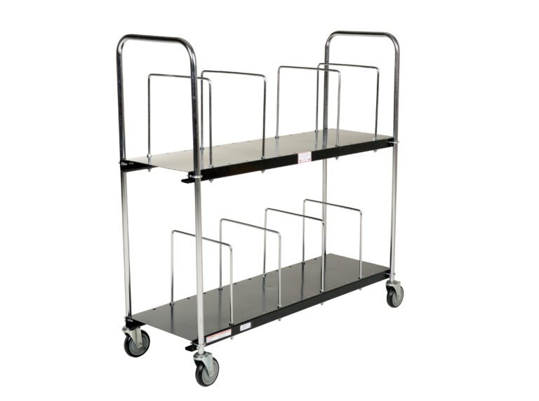 The Vestil Portable Carton Cart Two Tier 18 X 56 is a stylish utility cart with chrome and black finishes, metal dividers, dual handles, and wheels. It measures 18 x 56 inches and is perfect for organizing and transporting items effortlessly.