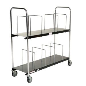 The Vestil Portable Carton Cart Two Tier 18 X 56 is a stylish utility cart with chrome and black finishes, metal dividers, dual handles, and wheels. It measures 18 x 56 inches and is perfect for organizing and transporting items effortlessly.