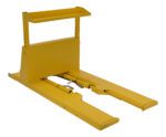 The yellow hydraulic motorcycle lift, similar to the Vestil Crate Turner Dumper Truck Powered 3000Lb, comes with two extendable arms and a backrest. Ideal for raising motorcycles or small vehicles (up to 3000 lbs) for maintenance, it is set against a crisp white background.