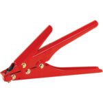 The MH-USA CTG706 Cable Tie Gun in red has a metallic finish, with two handles and a hinge mechanism designed for creating holes in materials, depicted in a closed position.