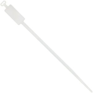 The MH-USA 7 Identification Cable Ties (1000/Case) are white plastic ties featuring a rectangular label tag for easy fastening and labeling, with an elongated pointed end for effortless insertion.