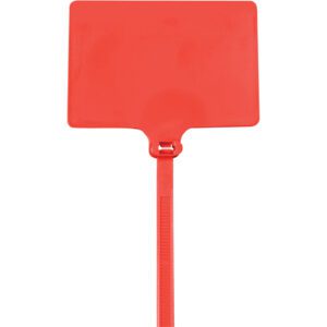 A durable red plastic fly swatter features a rectangular swatting surface and a long handle, similar in resilience to the MH-USA 6 120 Lbs Red Identification Cable Ties.