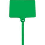 A bright green plastic luggage tag designed like MH-USA 6 Green Identification Cable Ties, featuring a rectangular identification flap with a buckle strap for secure attachment to luggage handles.