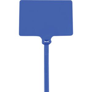 A blue plastic fly swatter with a rectangular head and long handle, similar to the durable MH-USA 9 120 Lbs Blue Identification Cable Ties.