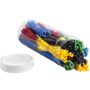 The MH-USA Cable Tie Kit includes 1000 vibrantly colored ties in blue, red, yellow, black, and green. These ties are neatly bundled by color inside a transparent plastic jar with an open white screw cap.