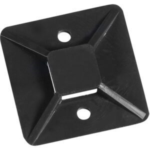 This glossy black plastic base, square with four raised edges and two circular holes—one near the top and one near the bottom—is an ideal match for the MH-USA 1 x 1 Black Cable Tie Mounts (100/Case).