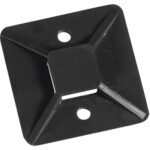 The MH-USA 3/4 x 3/4 Black Cable Tie Mounts feature a square shape with a central raised section, four diagonal slots forming a cross, and two round holes for secure mounting. Available in packs of 100 per case.