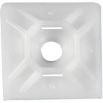 The MH-USA 3/4 x 3/4 Natural Cable Tie Mounts, sold in cases of 100, are made from white plastic and have a square shape with a central circular opening and grooves for securing cable ties.