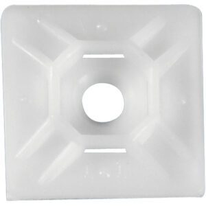 The MH-USA 3/4 x 3/4 Natural Cable Tie Mounts, sold in cases of 100, are made from white plastic and have a square shape with a central circular opening and grooves for securing cable ties.