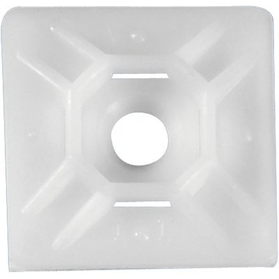 CTM33N.jpg The MH-USA 3/4 x 3/4 Natural Cable Tie Mounts, sold in cases of 100, are made from white plastic and have a square shape with a central circular opening and grooves for securing cable ties.