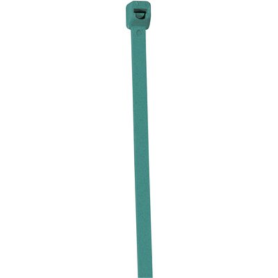 CTMD15.jpg One green cable tie from the MH-USA 6 30 Lbs Metal Detectable Cable Ties (100/Case) is displayed vertically, showcasing a rectangular head with an opening to secure objects by wrapping and locking in place.