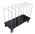The Vestil Portable Carton Cart W/ Dividers 18 X 44 is a black flat cart with four wheels and vertical metal bars, ideal for organizing or transporting items efficiently.