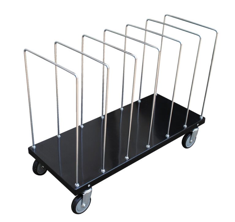 The Vestil Portable Carton Cart W/ Dividers 18 X 44 is a black flat cart with four wheels and vertical metal bars, ideal for organizing or transporting items efficiently.