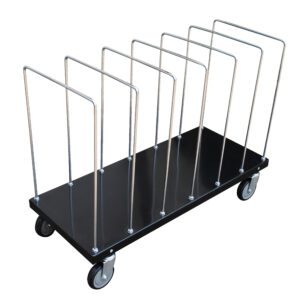 The Vestil Portable Carton Cart W/ Dividers 18 X 44 is a black flat cart with four wheels and vertical metal bars, ideal for organizing or transporting items efficiently.
