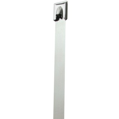 CTSS2718.jpg A 27 silver MH-USA stainless steel cable tie, featuring a flat, narrow body and a hooked end, is positioned vertically against a white backdrop.