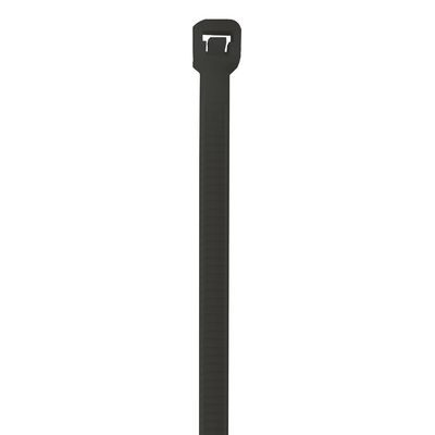 CTUV1040.jpg Close-up of an MH-USA 10 40 Lbs Black UV Cable Tie (part of a 500/Case set) against a white background, showing its rectangular locking head for secure cable fastening and organization.