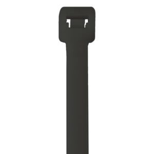 Close-up of an MH-USA 11 120 Lbs Black UV Cable Tie against a white background, ideal for bundling or organizing items. It features a rectangular head with a slot for securing the tail end and comes in cases of 100.